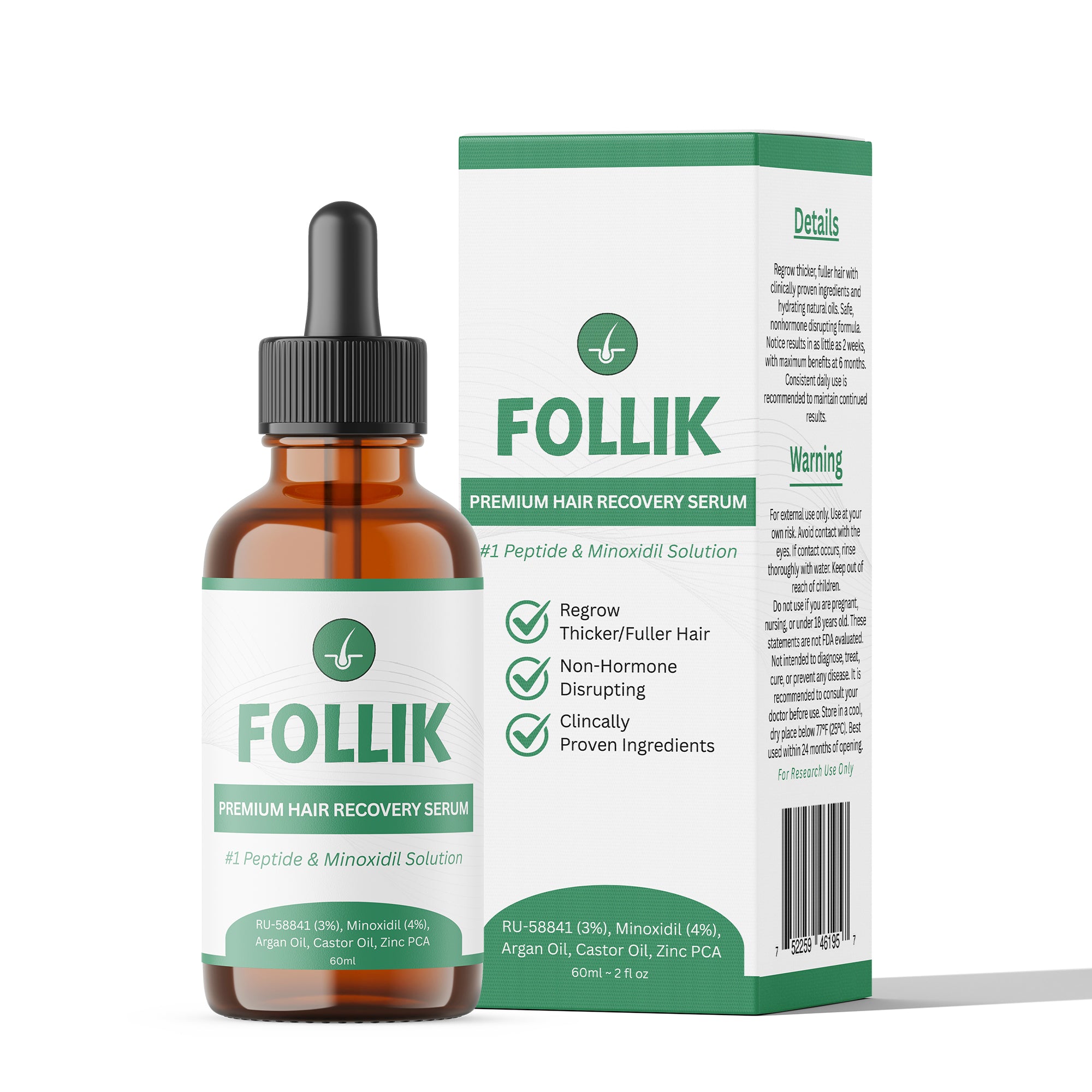 Follik hair recovery serum bottle and packaging on a white background