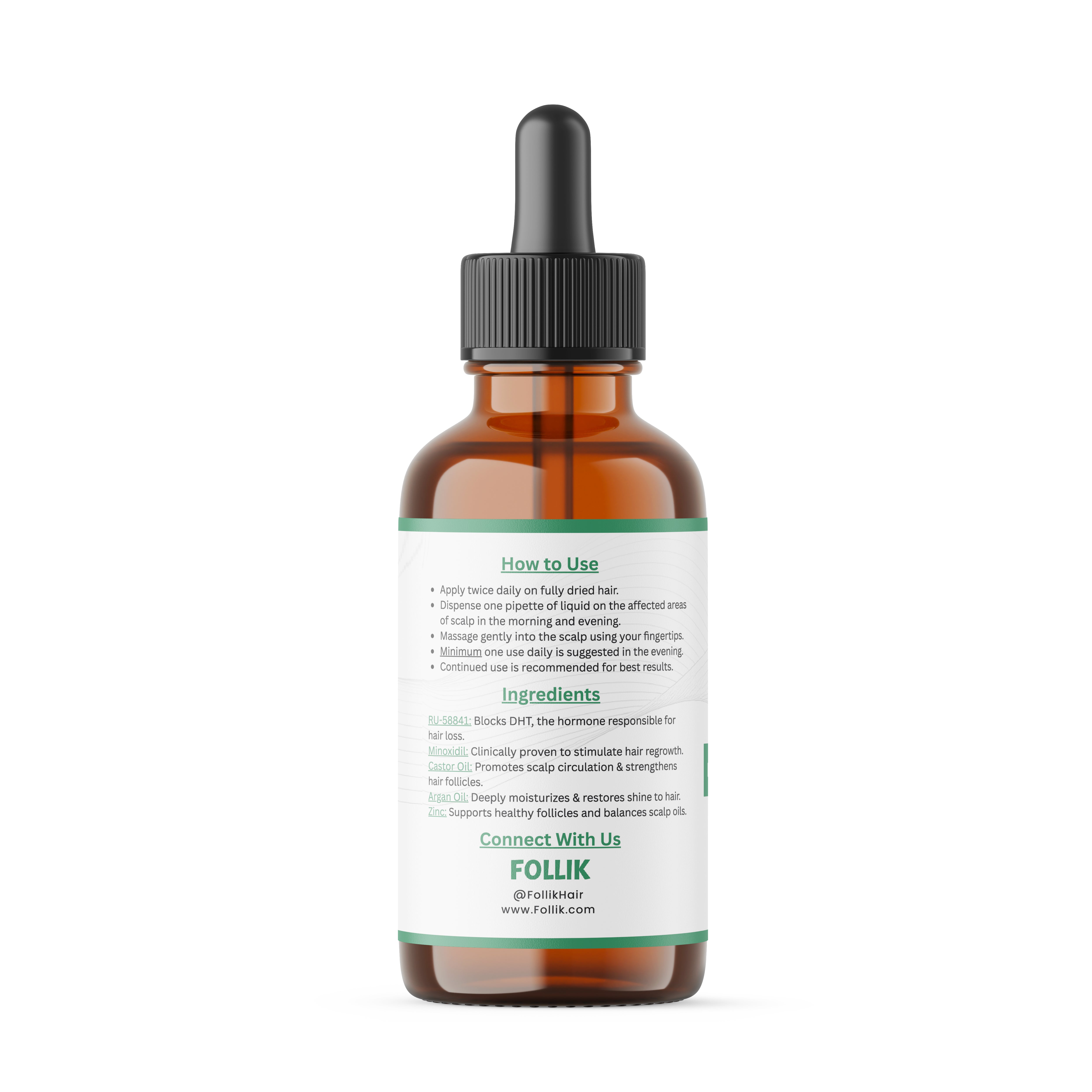 Follik hair recovery serum bottle side view with instructions and ingredients on a white background